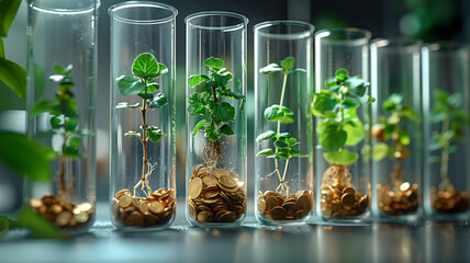 Graduated test tubes lined up, each containing a different number of gold coins and a sprout growing out, illustrating the concept of compound interest