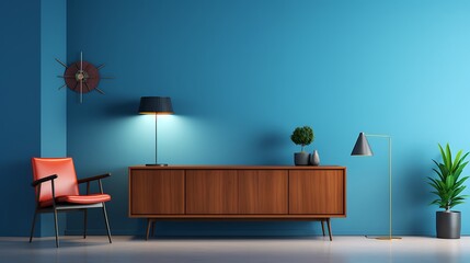 modern living room with table and chair. dark blue wall in the background. 