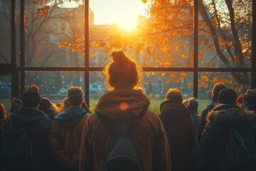 Silhouette of people against an autumn sunset