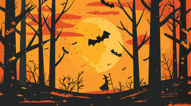 Halloween card in a forest wood with orange backgroun