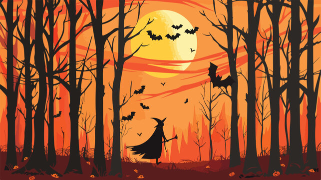 Halloween card in a forest wood with orange backgroun