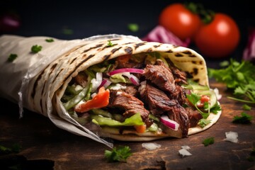 Hearty doner kebab on a ceramic tile against an aged metal background