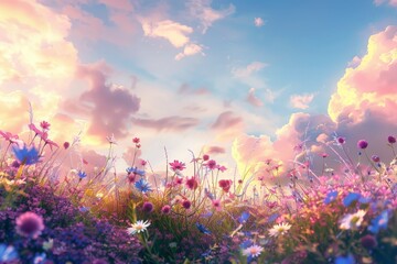 Obraz na płótnie Canvas Flower-covered Field Under Cloudy Sky
