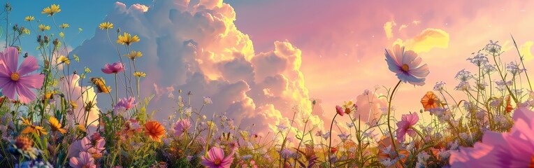 Colorful Flowers in Field Under Cloudy Sky