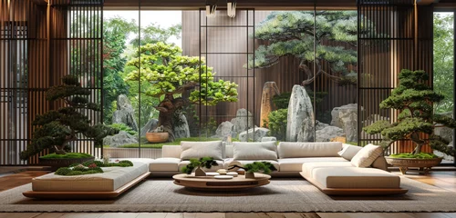 Deurstickers Serene space, Zen-inspired single sofa, complemented with bonsai trees. © Ashad