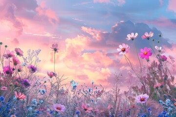 Fototapeta na wymiar Field of Flowers Under Cloudy Sky