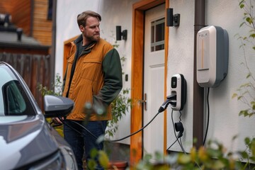 Fototapeta na wymiar Electric vehicle owner casually charging his car at home with a wall-mounted charger.