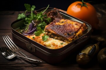 Refined moussaka in a bento box against an aged metal background