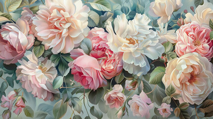 Botanical elegance in art, featuring an array of blossoms and foliage, brought to life in soft, dreamy pastel shades.