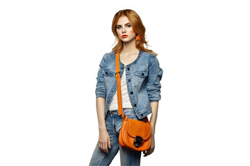 Fashion portrait of beautiful young woman with red hair. Girl in blouse and jeans. Jewelry and hairstyle. Girl with handbag - 773264192
