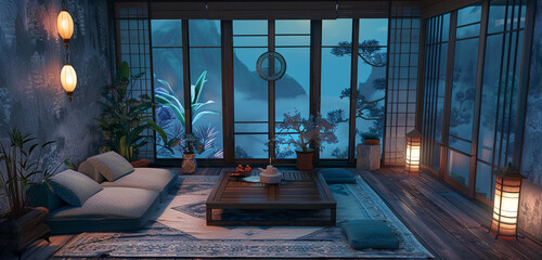 Zen Chinese living room, single sofa in calming blue tones.