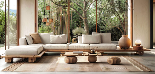 Zen living room, sleek single sofa, bamboo accents, and earthy tones.