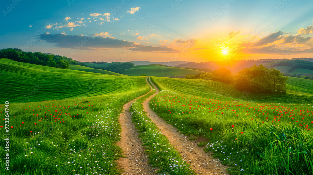 Wall mural Winding Path Through Colorful Summer Fields at Sunset. A beautiful flowers field with a road running through it. Nature landscape - Wall murals