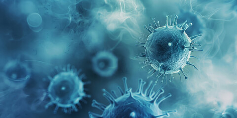 virus cells, human cells, close up of bacteria and virus cells in a scientific microscopic laboratory.
