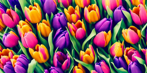 Vibrant spring-themed background featuring a variety of colorful tulips. Panorama - 773264750