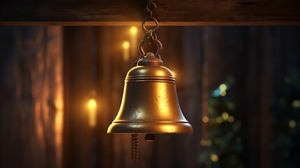 Golden Bell on a Wooden Background with Beautiful Lighting