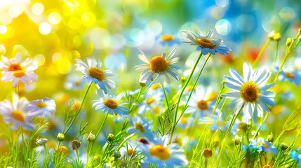 Foto auf Alu-Dibond Flowers landscape of dew-covered daisies. Springtime or summer nature scene. Daisies meadow © Svetlana Kolpakova