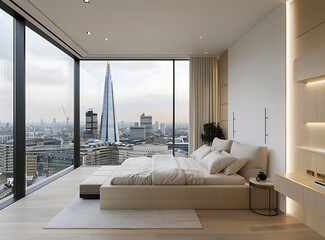 High end interior design of a modern bedroom with floor-to-ceiling windows providing a view over...