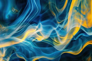 Fluid lines in blue and yellow creating an energetic and dynamic composition. - obrazy, fototapety, plakaty