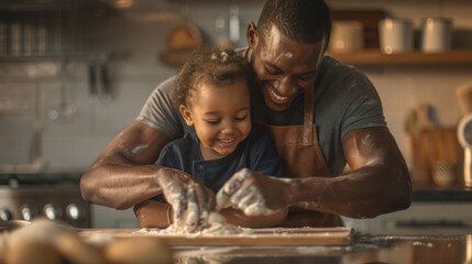 A toddler assists in baking, guided by a parent in a warm kitchen setting. - obrazy, fototapety, plakaty