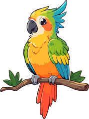 Cute brightly colored parrot on a branch with leaves. Summer illustration with bird
