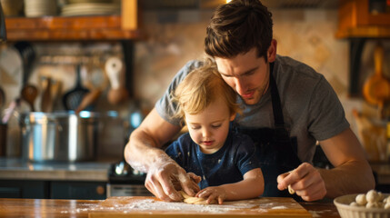A toddler assists in baking, guided by a parent in a warm kitchen setting. - obrazy, fototapety, plakaty