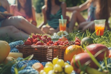 Group of friends enjoying a summer picnic with fresh fruits and drinks in the countryside. - obrazy, fototapety, plakaty
