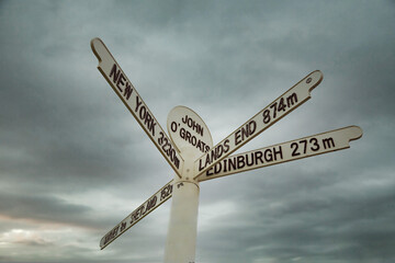 John O'Groats street sign at the most northerly point on mainland Britain.