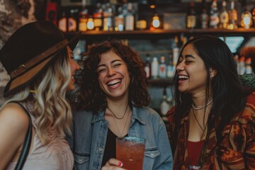 Young women sharing a laugh over drinks, embodying the spirit of friendship. - obrazy, fototapety, plakaty