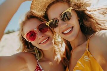 Best friends trying on stylish sunglasses and posing for a selfie in the sun. - obrazy, fototapety, plakaty