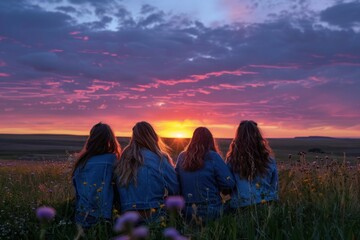 Group of best friends in denim enjoying a vibrant sunset in the countryside. - obrazy, fototapety, plakaty