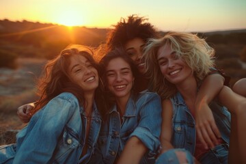 Group of best friends in denim enjoying a vibrant sunset in the countryside.