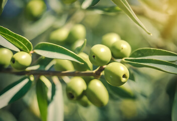 Green olives on a branch with leaves, sunlit soft-focus background.