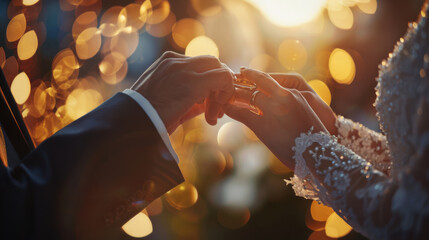 Delicate fingers receive a wedding ring, encapsulating a moment of union and promise. - obrazy, fototapety, plakaty