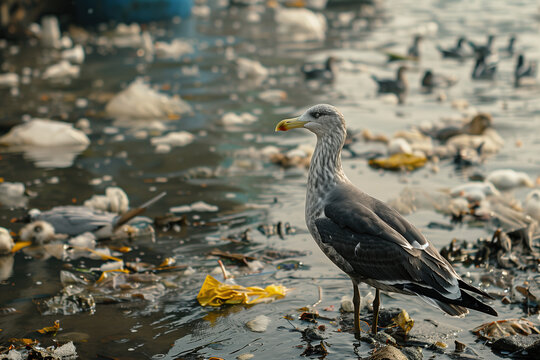 Mouette dans l'eau entourée de plastique, de déchets et de pollution - Les animaux souffrent de la pollution - pollution et fin du monde
