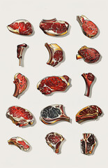 Fototapeta premium Set of beef in drawing form, generative ai