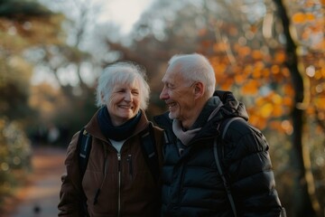 Senior couple staying active with a brisk walk in the park. - obrazy, fototapety, plakaty