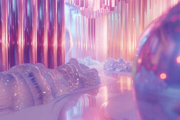 Elegant 3D forms in a holographic environment, gently touched by pastel light, creating a dreamy, abstract aesthetic.