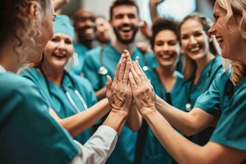 Healthcare professionals celebrating teamwork with applause. - obrazy, fototapety, plakaty