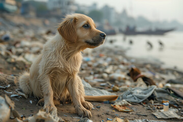 Chiot Golden Retriever triste sur la plage pleine de déchets de plastique Les animaux souffrent de la pollution - pollution et fin du monde