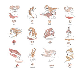 Set of zodiac signs. Aries, Taurus, Gemini, Cancer, Virgo ,Leo, Libra, Scorpio, Sagittarius, Capricorn, Aquarius, Pisce.