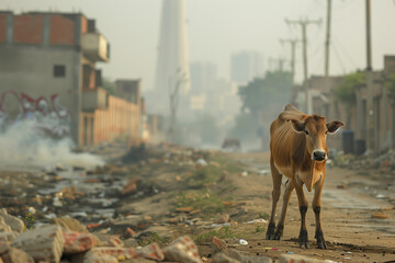 Vache dans un terrain vague plein de déchets avec des usines en arrière-plan - Les animaux souffrent de la pollution - pollution et fin du monde