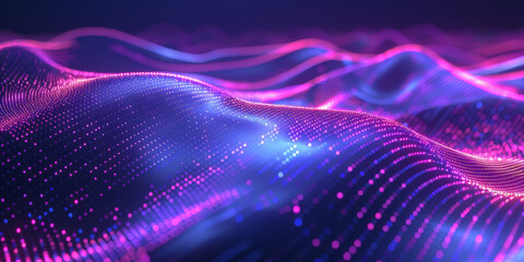 3d  dark purple with blue neon lines wave dots representing digital binary data. Concept for big data, deep machine learning, artificial intelligence, business technology ,futuristic - obrazy, fototapety, plakaty