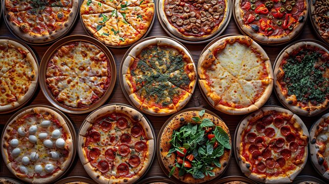 pizza, pizzas and side dishes, pizzas and side dishes for vegetarian, in the style of puzzle-like elements, aerial photography. Generative AI