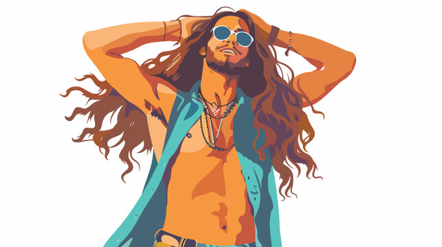 Hippie man shirtless with long hair flat vector isolated