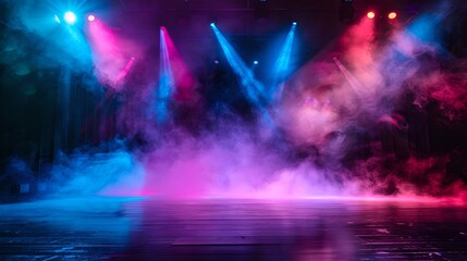 Fototapeta na wymiar Vivid stage lights with smoke effect on empty theater setting. Entertainment and performance concept. Ideal for event promotions. AI
