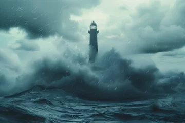 Foto op Aluminium A lighthouse stands amidst tumultuous waves, a beacon of hope in the stormy darkness, symbolizing guidance © Wei Ze
