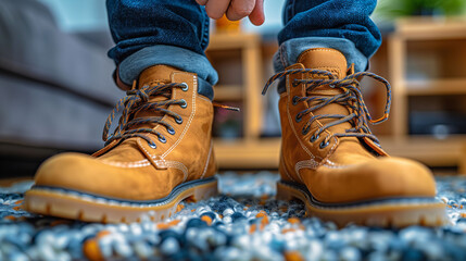 Close-up of person tying laces on tan leather boots, urban casual style. - obrazy, fototapety, plakaty