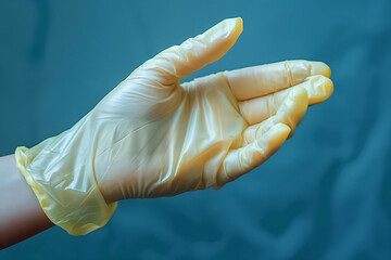Hand in medical glove on a blue background