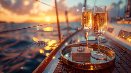Luxury engagement ring on a sparkling golden box aboard a yacht at sunset with champagne glasses in the background.